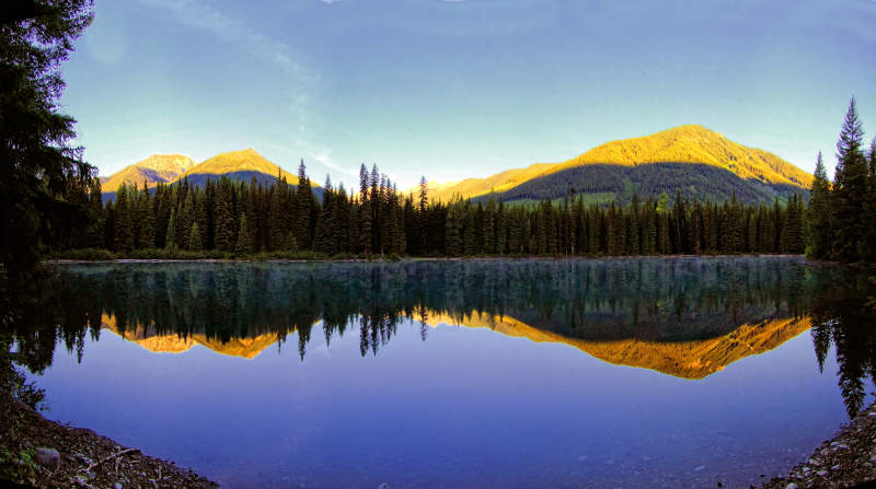 Early morning sun on Blue Lake, Elk River FSR, East Kootenays, BC